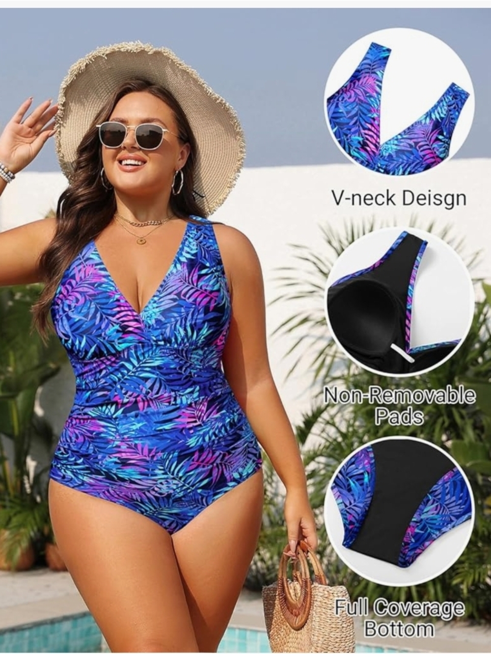 AQUA EVE - 20W Women's Plus Tropical Ruched One-Piece Swimsuit - Blue/Purple - Picture 4 of 8